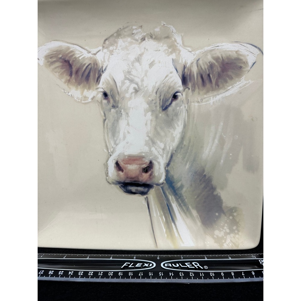 White Charolais Cow Creative Co Op 11" Square Stoneware Plate Farm Animal Design - Picture 3 of 7